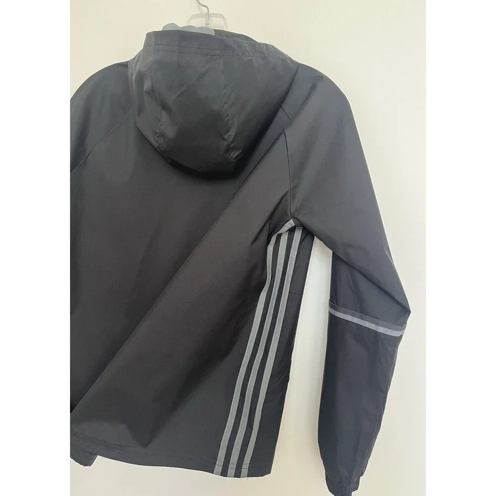NWOT Adidas Valencia CF Youth Rain Jacket Windbreaker Black Hooded Size M 11-12